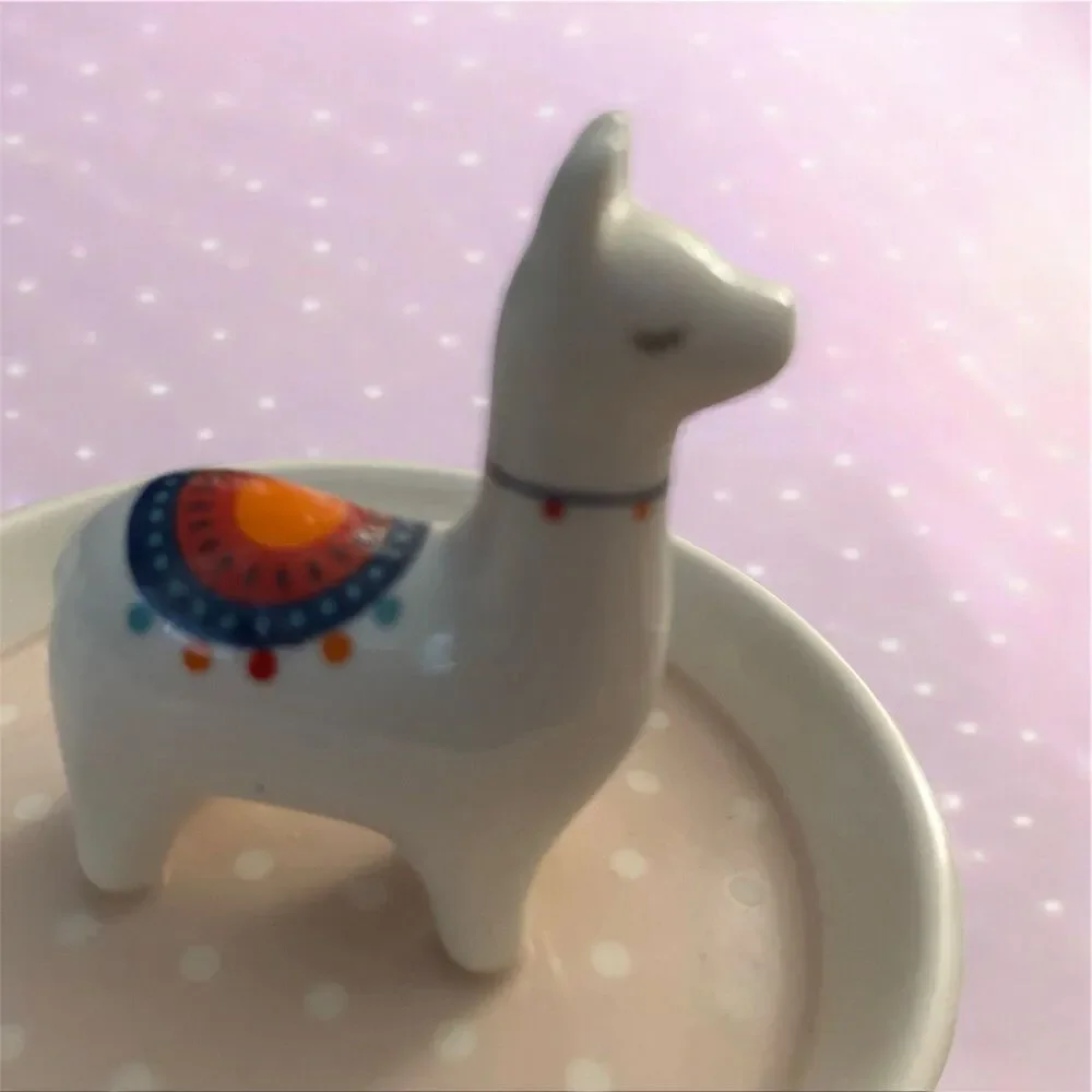 Llama Ring Dish Jewelry Holder Trinket Tray White Pink Polka Dot Decor